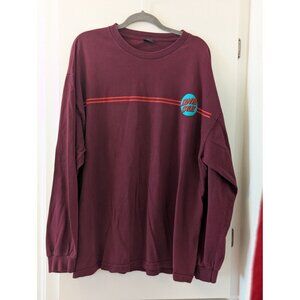 Santa Cruz Skateboards Maroon Long Sleeve Crewneck Shirt With Retro Logo & Strip